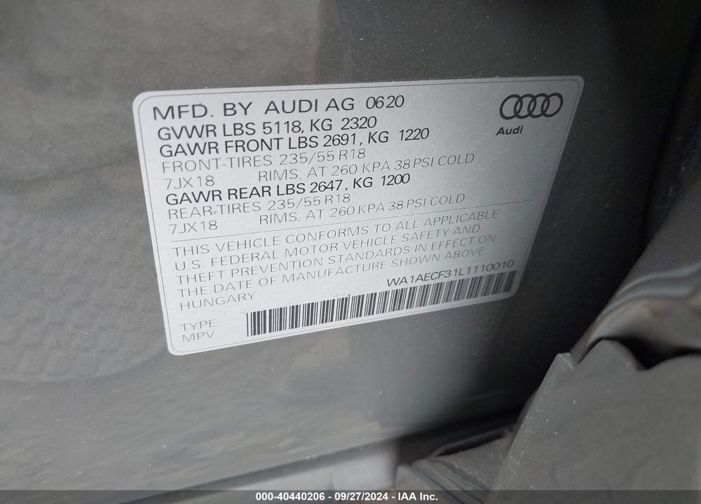2020 AUDI Q3 PREMIUM 45 TFSI QUATTRO TIPTRONIC VIN: WA1AECF31L1110010