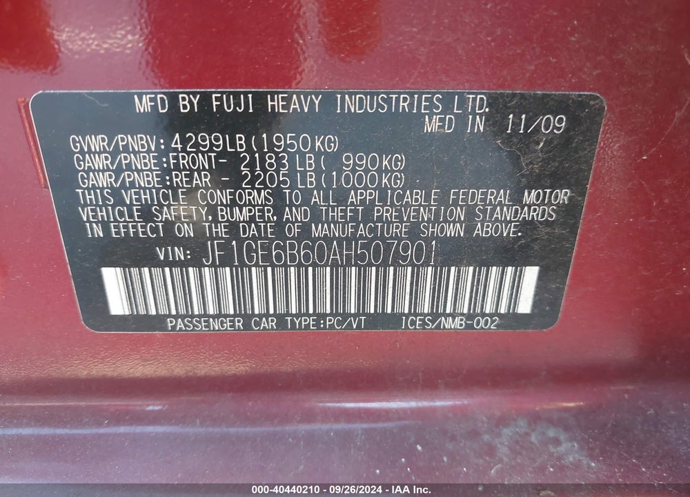 2010 SUBARU IMPREZA 2.5I PREMIUM VIN: JF1GE6B60AH507901