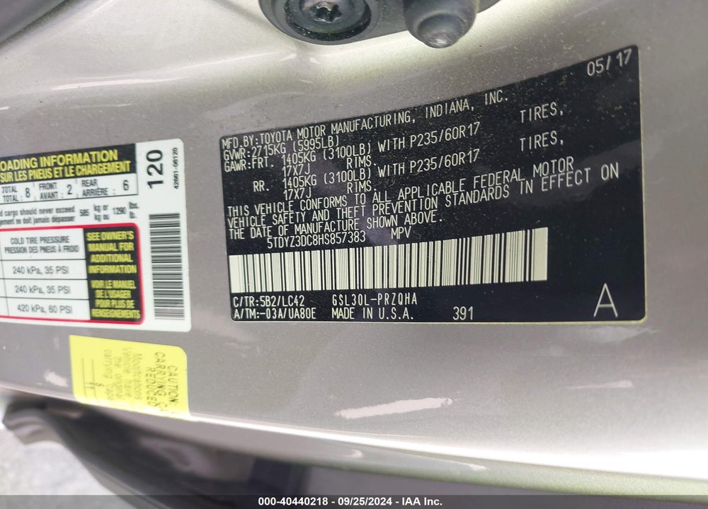 2017 TOYOTA SIENNA XLE PREMIUM 8 PASSENGER VIN: 5TDYZ3DC8HS857383