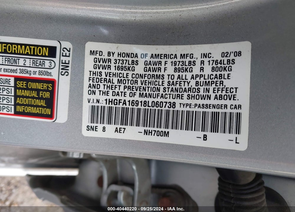 2008 HONDA CIVIC EX-L VIN: 1HGFA16918L060738
