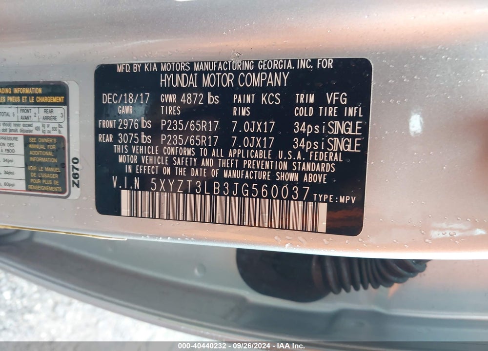 2018 HYUNDAI SANTA FE SPORT 2.4L VIN: 5XYZT3LB3JG560037