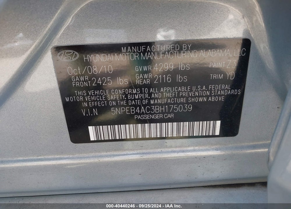 2011 HYUNDAI SONATA GLS VIN: 5NPEB4AC3BH175039