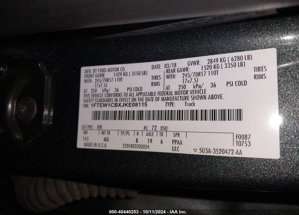 2018 FORD F-150 XLT VIN: 1FTEW1CBXJKE08115