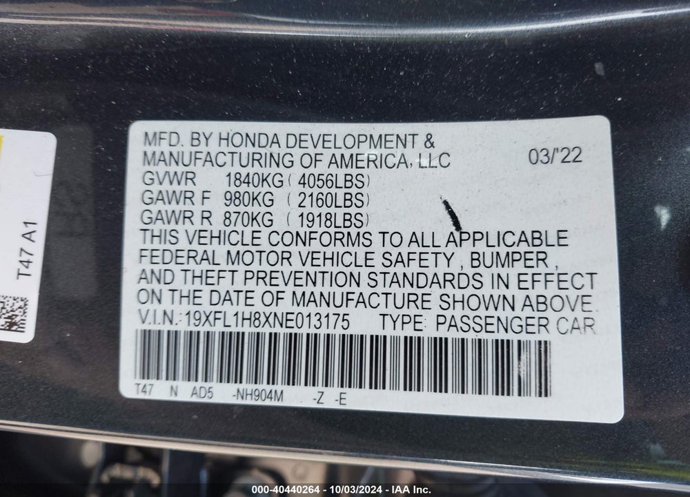 2022 HONDA CIVIC SPORT TOURING VIN: 19XFL1H8XNE013175