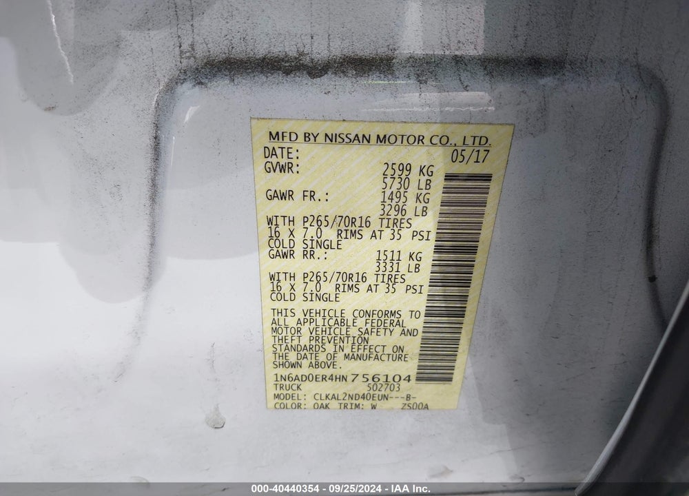 2017 NISSAN FRONTIER SV VIN: 1N6AD0ER4HN756104