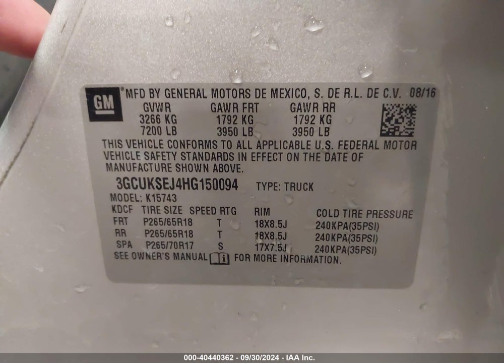 2017 CHEVROLET SILVERADO 1500 1LZ VIN: 3GCUKSEJ4HG150094