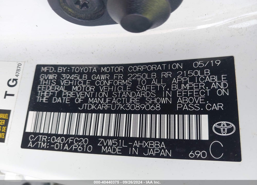 2019 TOYOTA PRIUS L ECO VIN: JTDKARFU7K3089068
