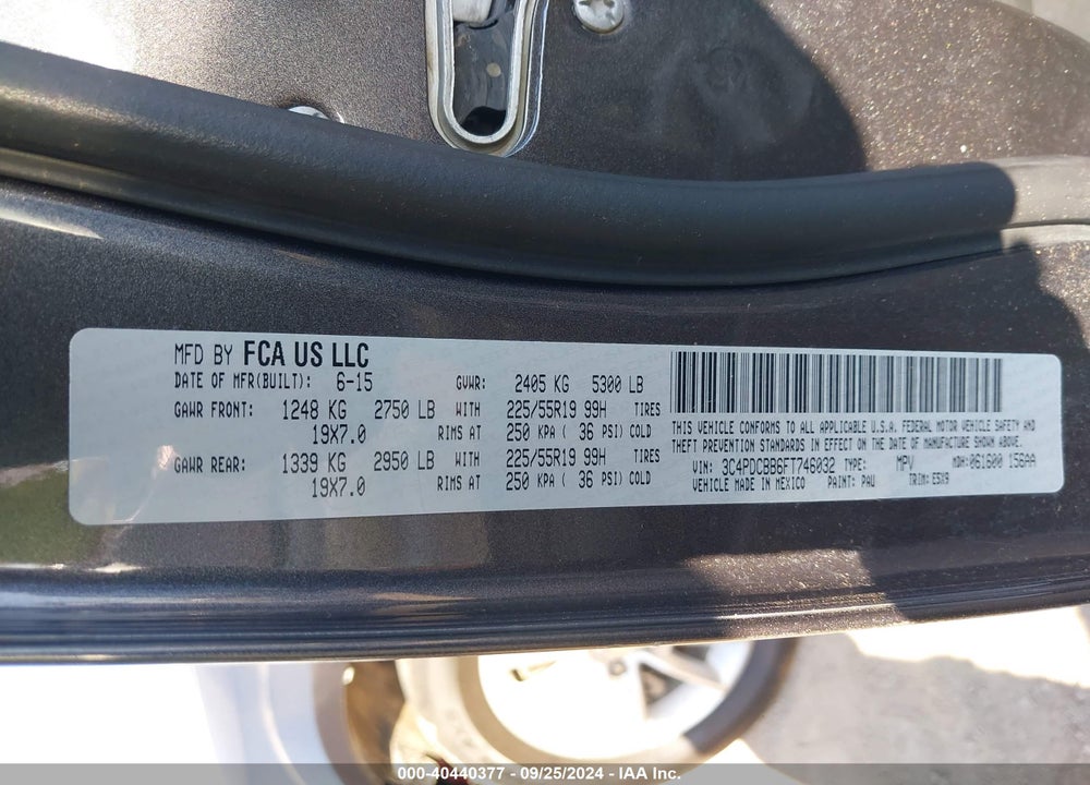 2015 DODGE JOURNEY SXT VIN: 3C4PDCBB6FT746032