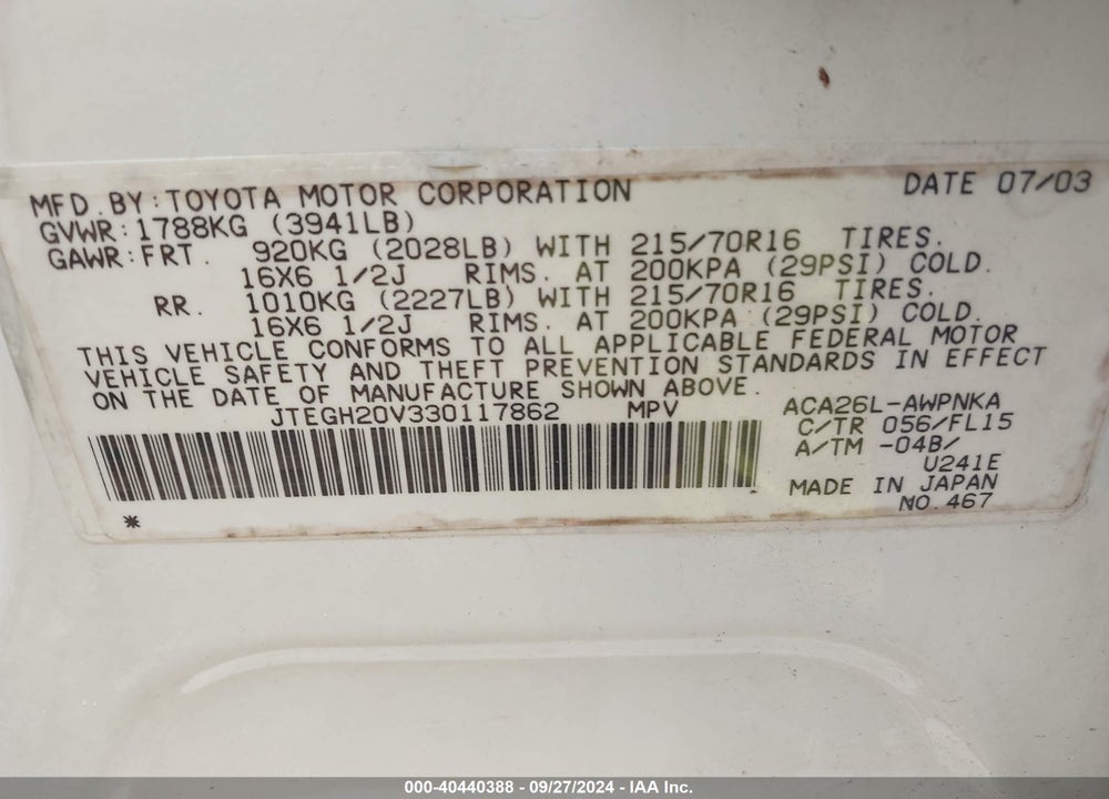 2003 TOYOTA RAV4 VIN: JTEGH20V330117862