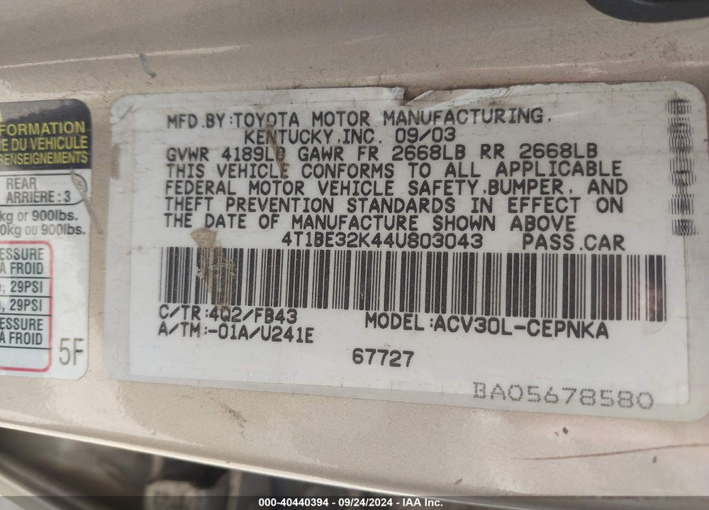 2004 TOYOTA CAMRY LE VIN: 4T1BE32K44U803043