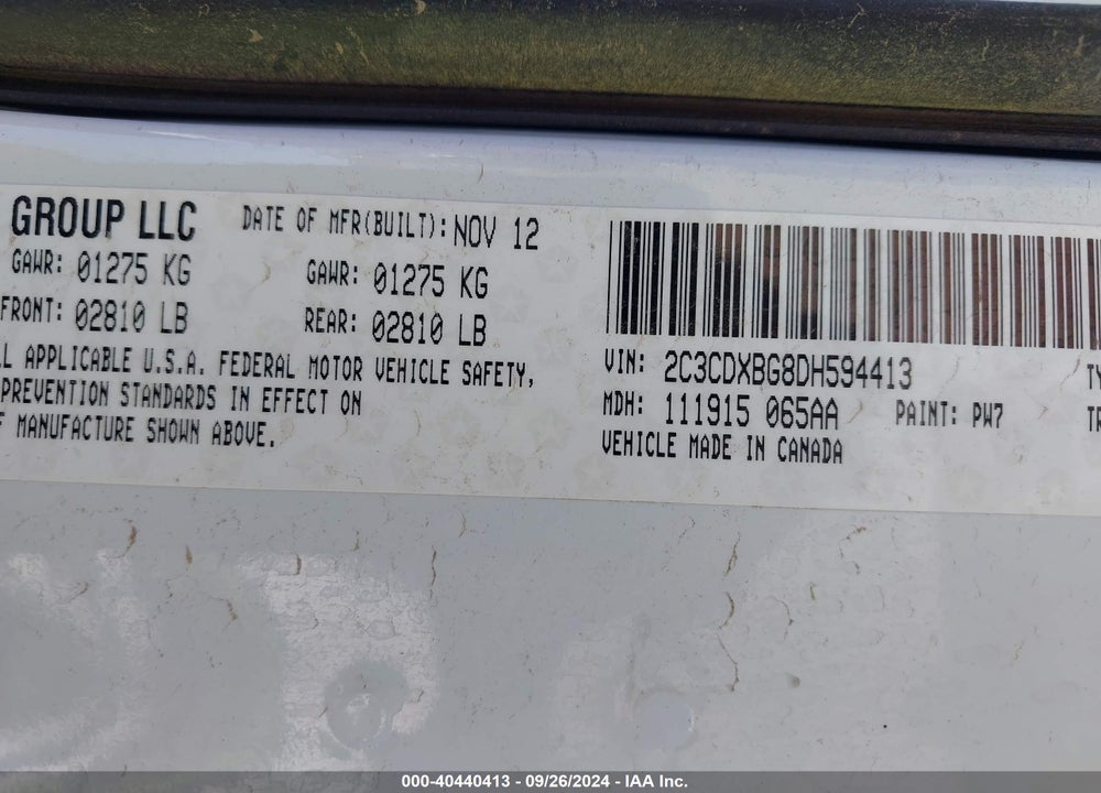 2013 DODGE CHARGER SE VIN: 2C3CDXBG8DH594413