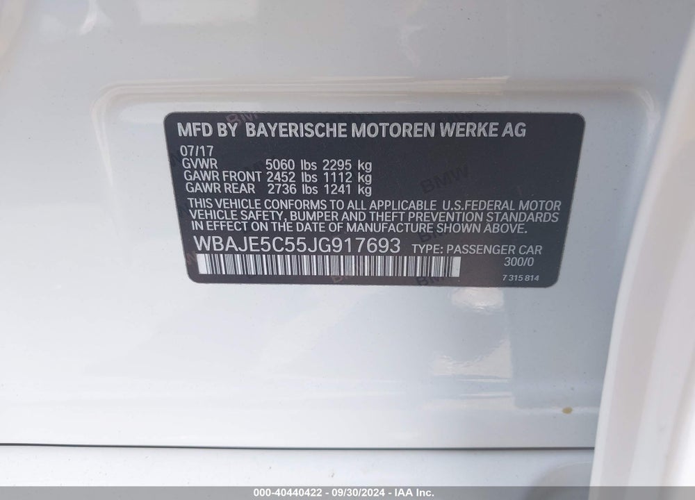2018 BMW 540I VIN: WBAJE5C55JG917693