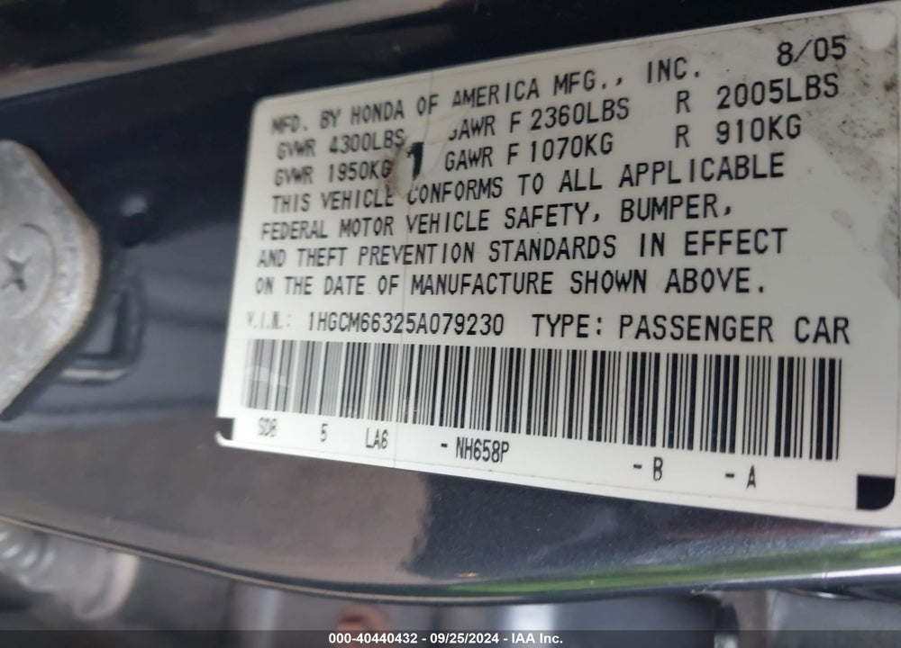 2005 HONDA ACCORD 3.0 LX VIN: 1HGCM66325A079230