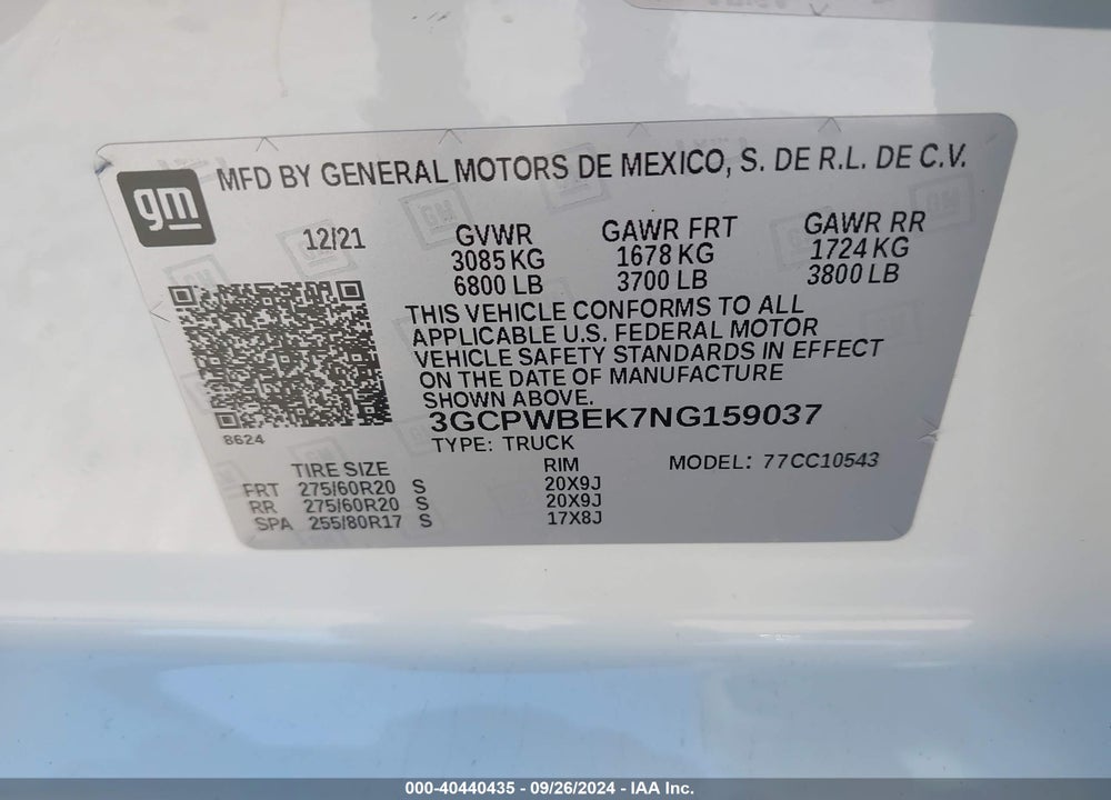 2022 CHEVROLET SILVERADO 1500 LTD 2WD SHORT BED CUSTOM VIN: 3GCPWBEK7NG159037