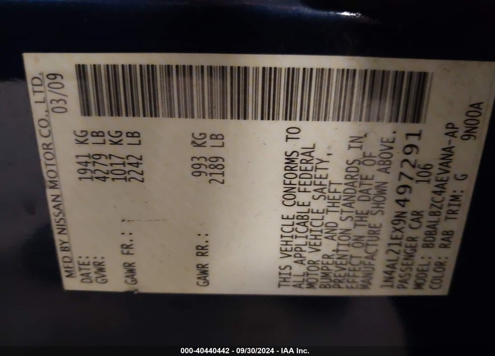 2009 NISSAN ALTIMA VIN: 1N4AL21EX9N497291