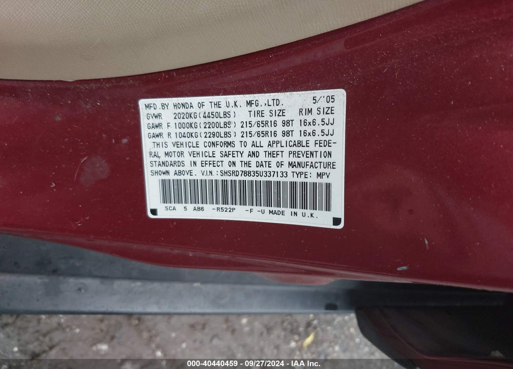 2005 HONDA CR-V EX VIN: SHSRD78835U337133