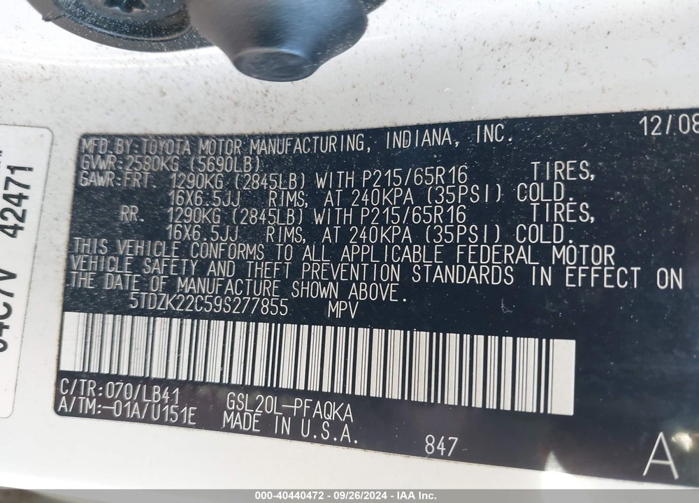 2009 TOYOTA SIENNA XLE VIN: 5TDZK22C59S277855