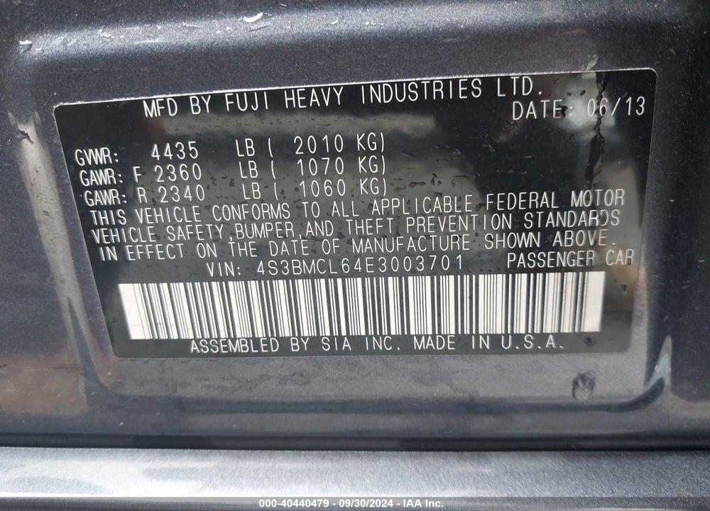 2014 SUBARU LEGACY 2.5I LIMITED VIN: 4S3BMCL64E3003701