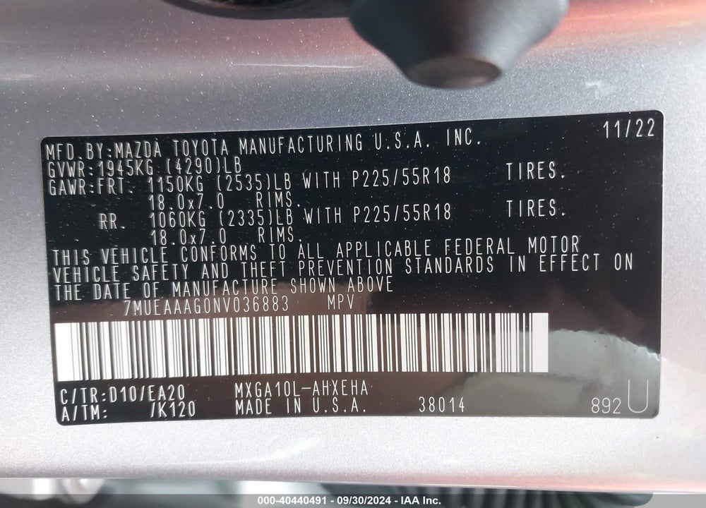 2022 TOYOTA COROLLA CROSS XLE VIN: 7MUEAAAG0NV036883