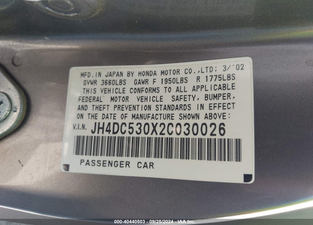 2002 ACURA RSX TYPE-S VIN: JH4DC530X2C030026