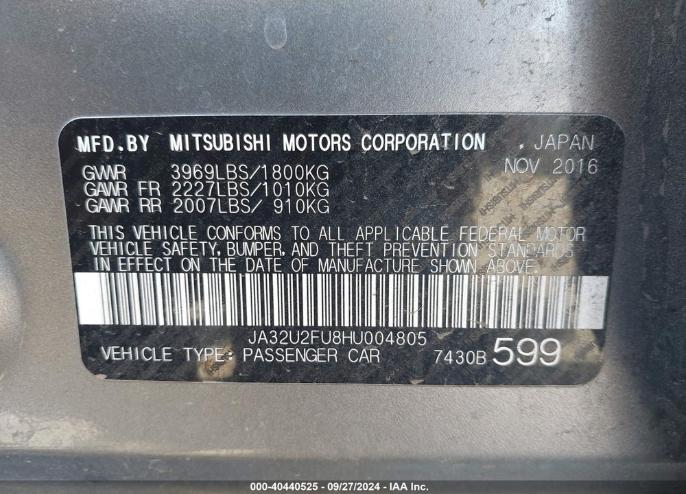 2017 MITSUBISHI LANCER ES VIN: JA32U2FU8HU004805