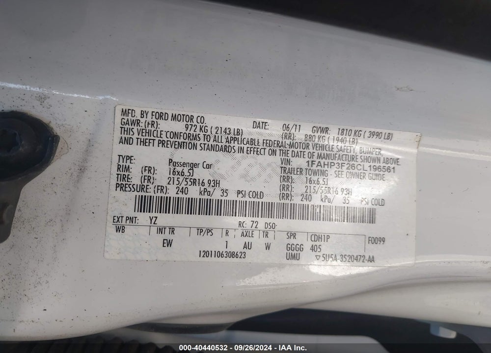 2012 FORD FOCUS SE VIN: 1FAHP3F26CL196561