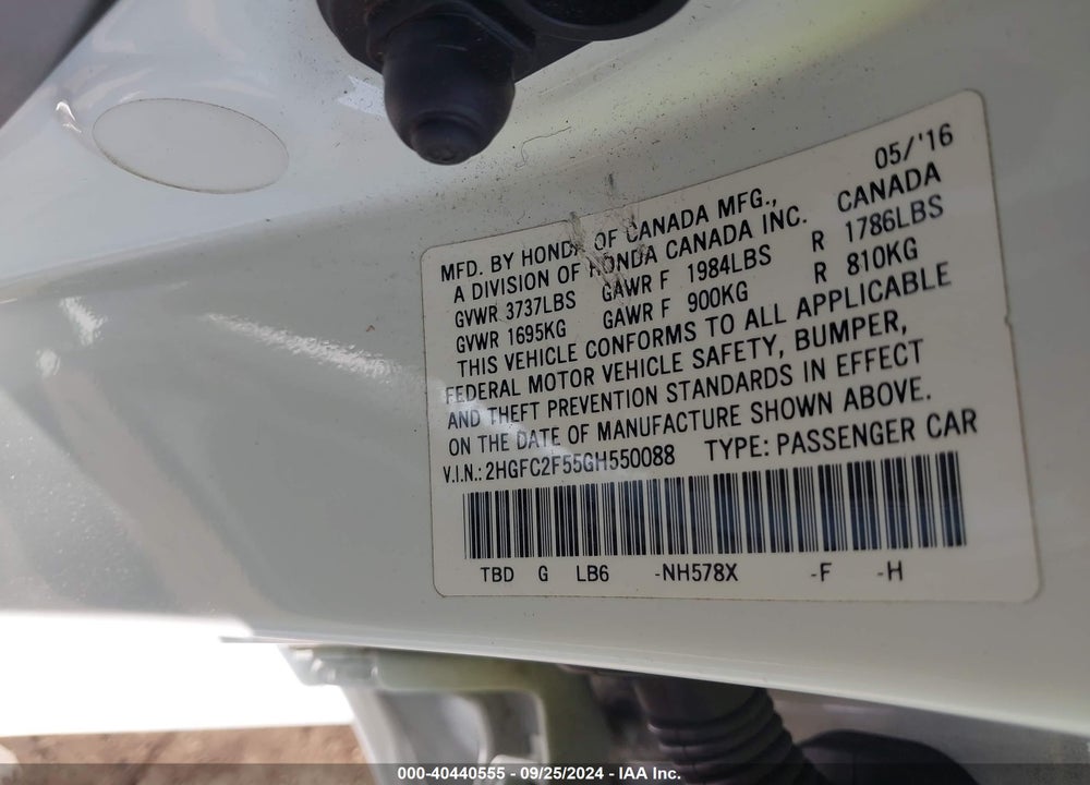 2016 HONDA CIVIC LX VIN: 2HGFC2F55GH550088