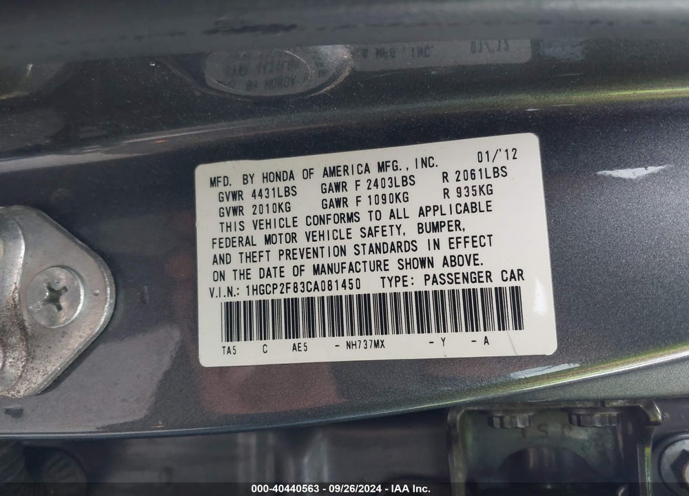 2012 HONDA ACCORD 2.4 EX-L VIN: 1HGCP2F83CA081450