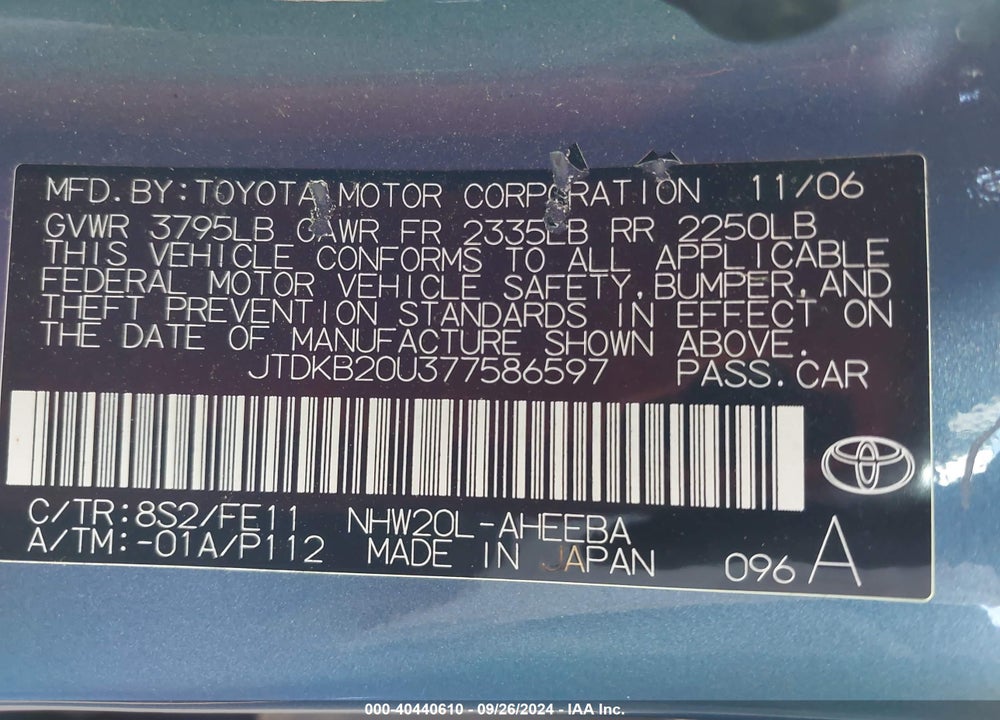 2007 TOYOTA PRIUS VIN: JTDKB20U377586597