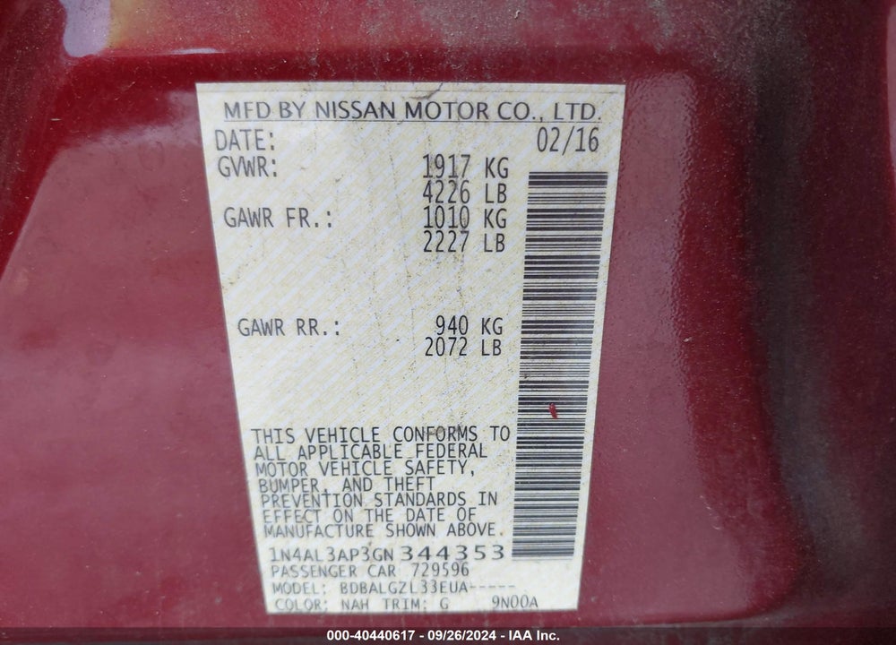 2016 NISSAN ALTIMA 2.5/2.5 S/2.5 SL/2.5 SR/2.5 SV VIN: 1N4AL3AP3GN344353