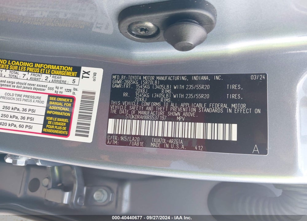2024 TOYOTA HIGHLANDER PLATINUM VIN: 5TDKDRAHXRS537197