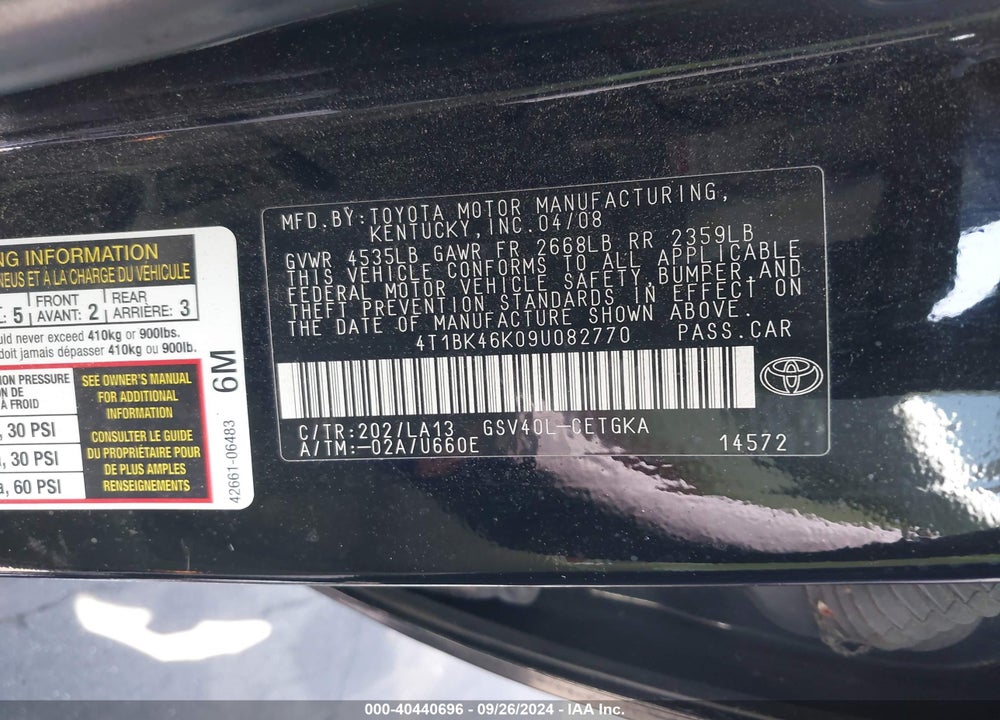 2009 TOYOTA CAMRY XLE V6 VIN: 4T1BK46K09U082770
