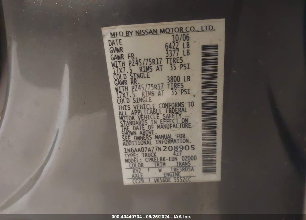 2007 NISSAN TITAN XE VIN: 1N6AA07A77N208905