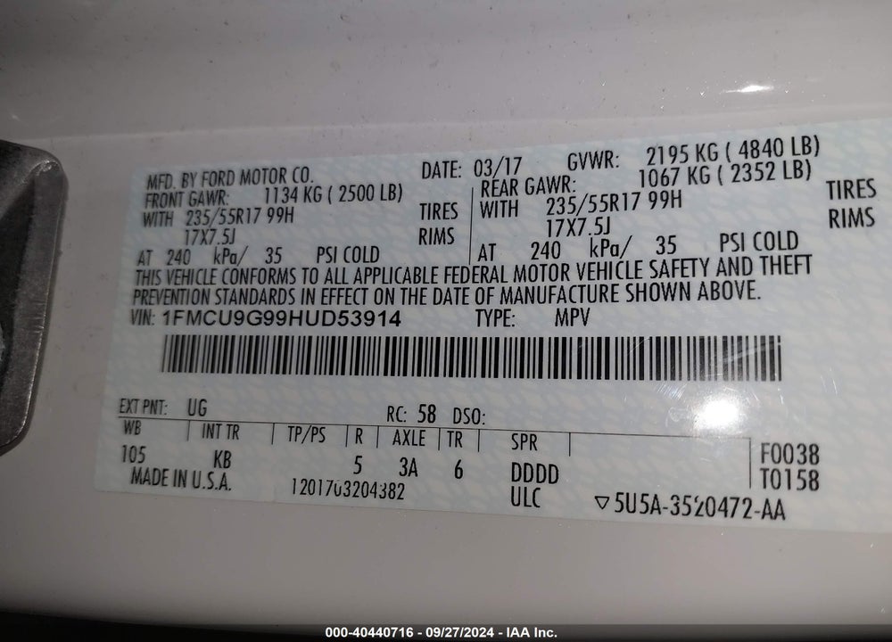2017 FORD ESCAPE SE VIN: 1FMCU9G99HUD53914