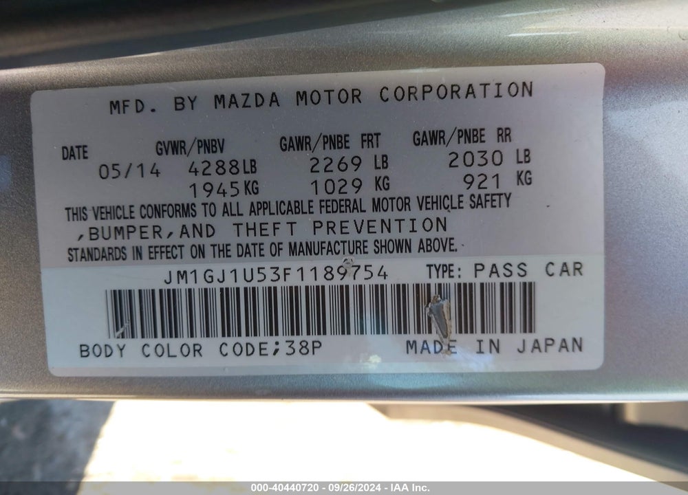 2015 MAZDA 6 I SPORT VIN: JM1GJ1U53F1189754