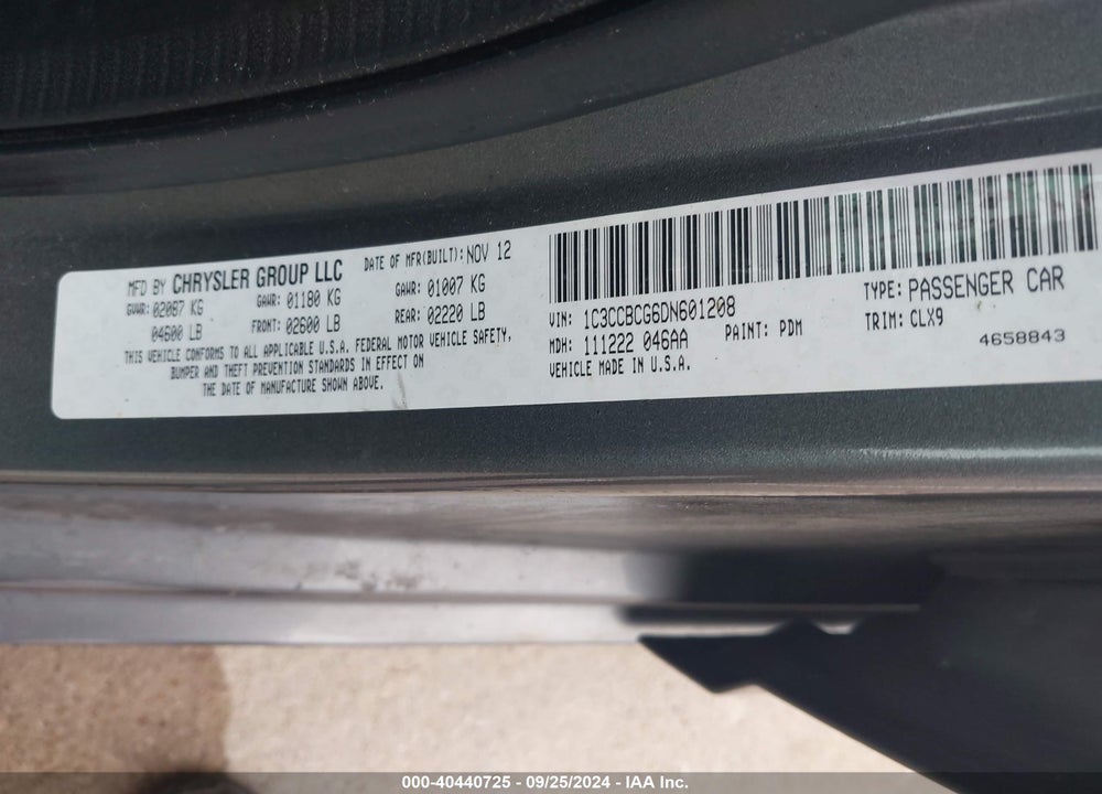 2013 CHRYSLER 200 LIMITED VIN: 1C3CCBCG6DN601208