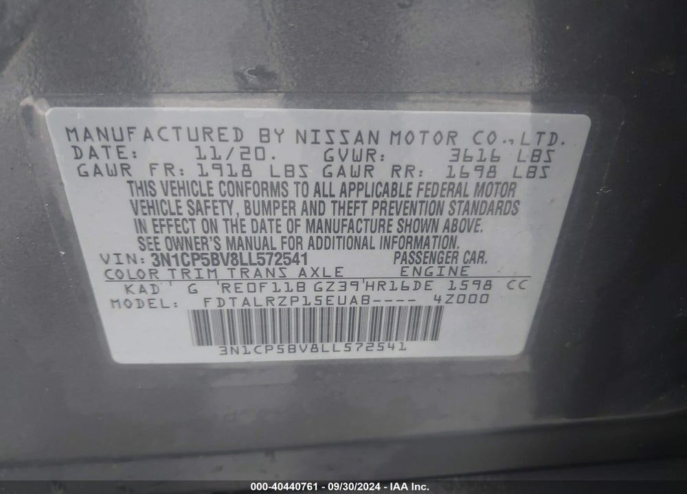2020 NISSAN KICKS S XTRONIC CVT VIN: 3N1CP5BV8LL572541