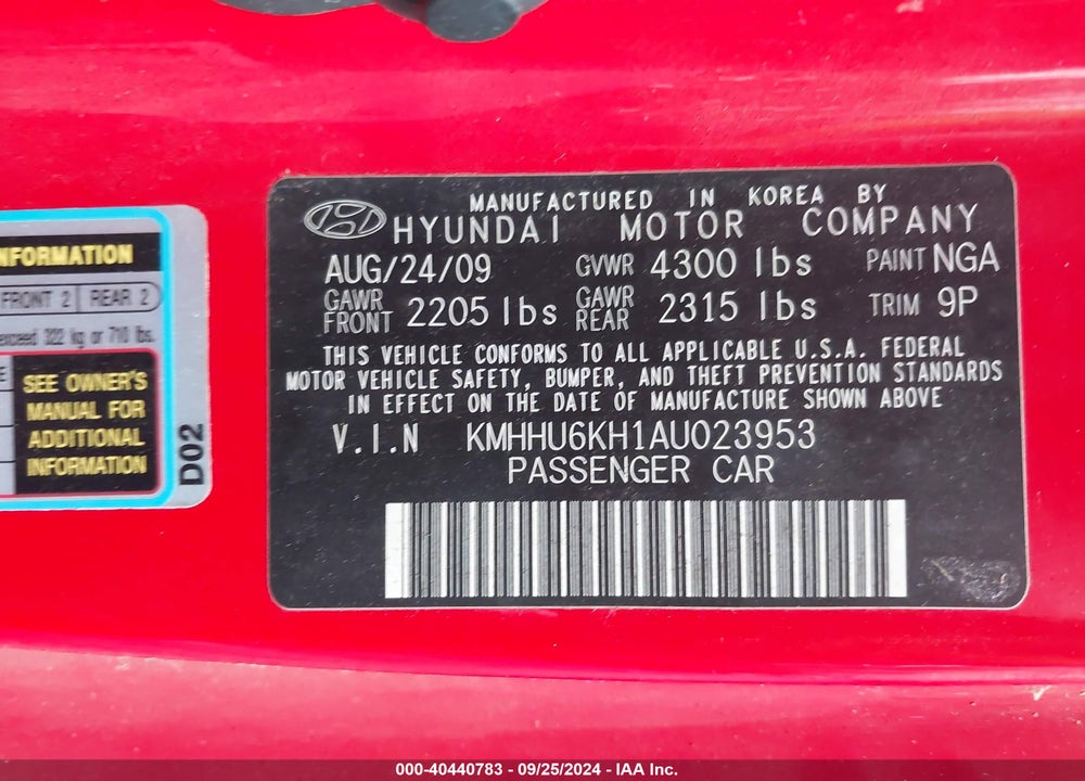 2010 HYUNDAI GENESIS 3.8 VIN: KMHHU6KH1AU023953