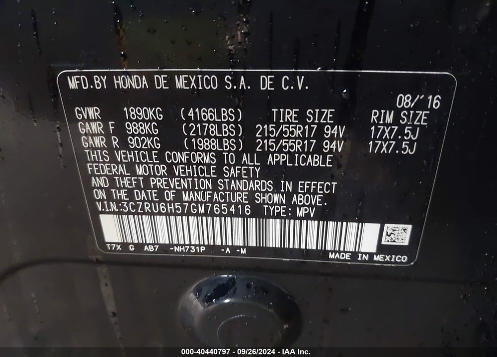 2016 HONDA HR-V EX VIN: 3CZRU6H57GM765416