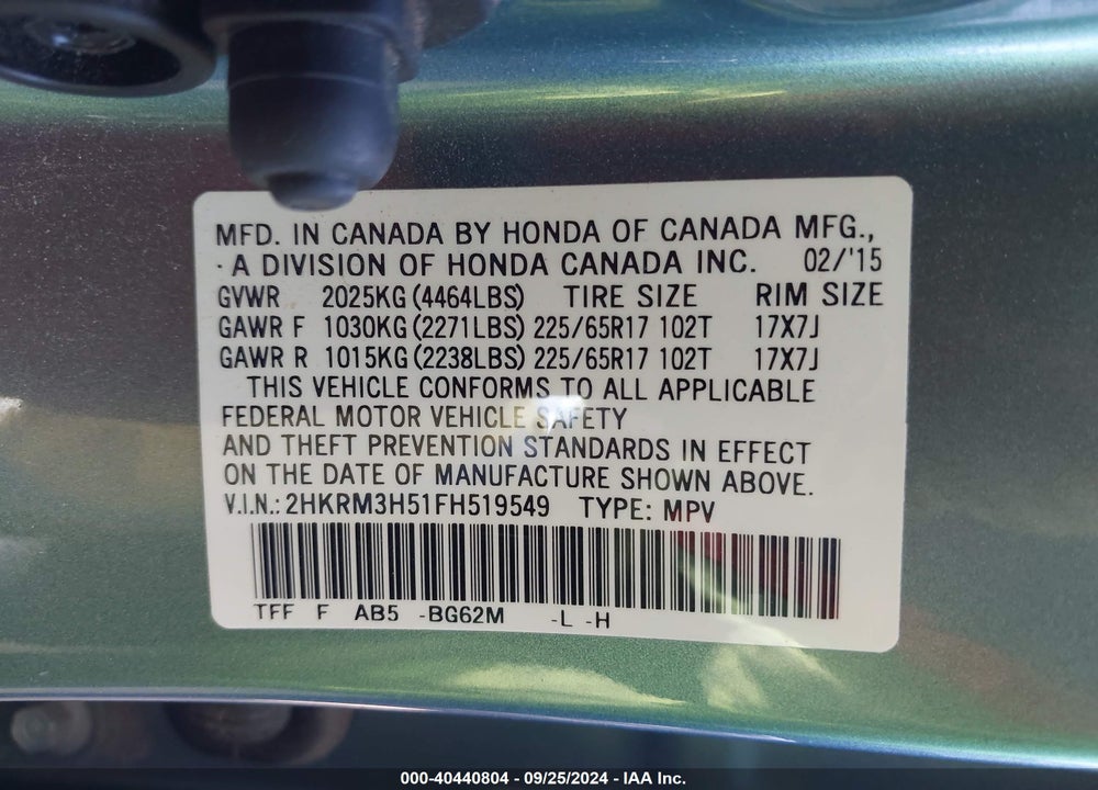2015 HONDA CR-V EX VIN: 2HKRM3H51FH519549