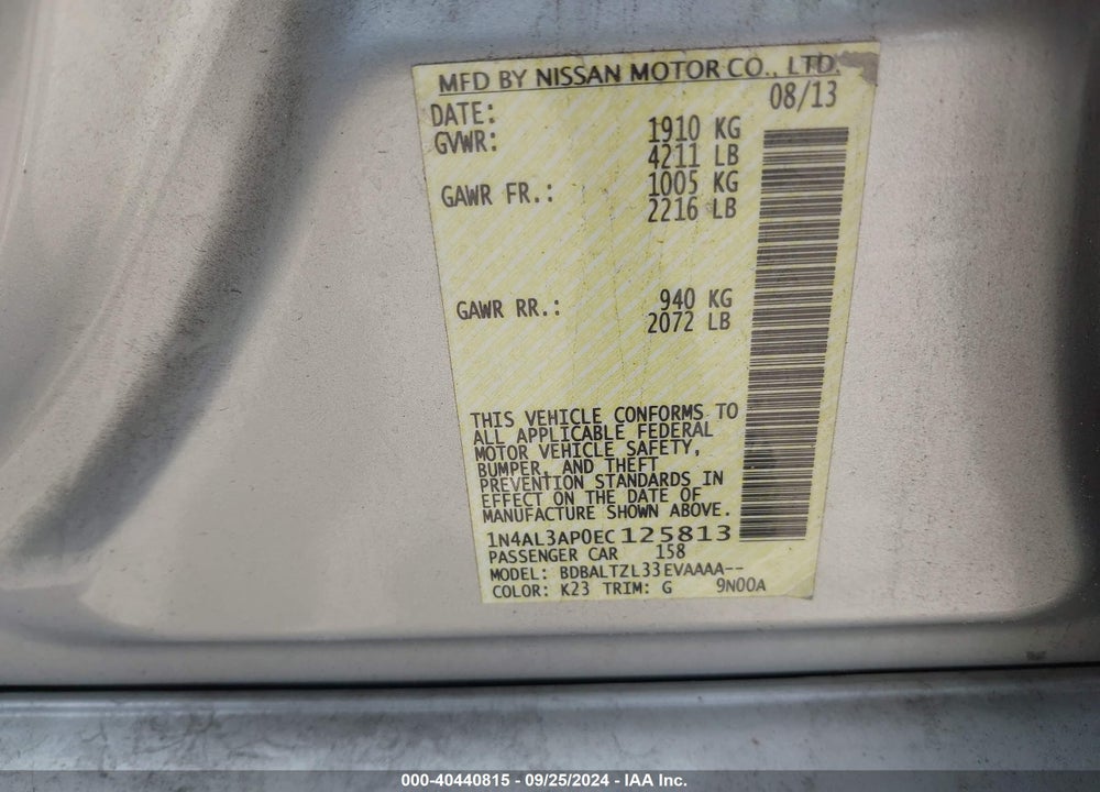 2014 NISSAN ALTIMA 2.5 SV VIN: 1N4AL3AP0EC125813