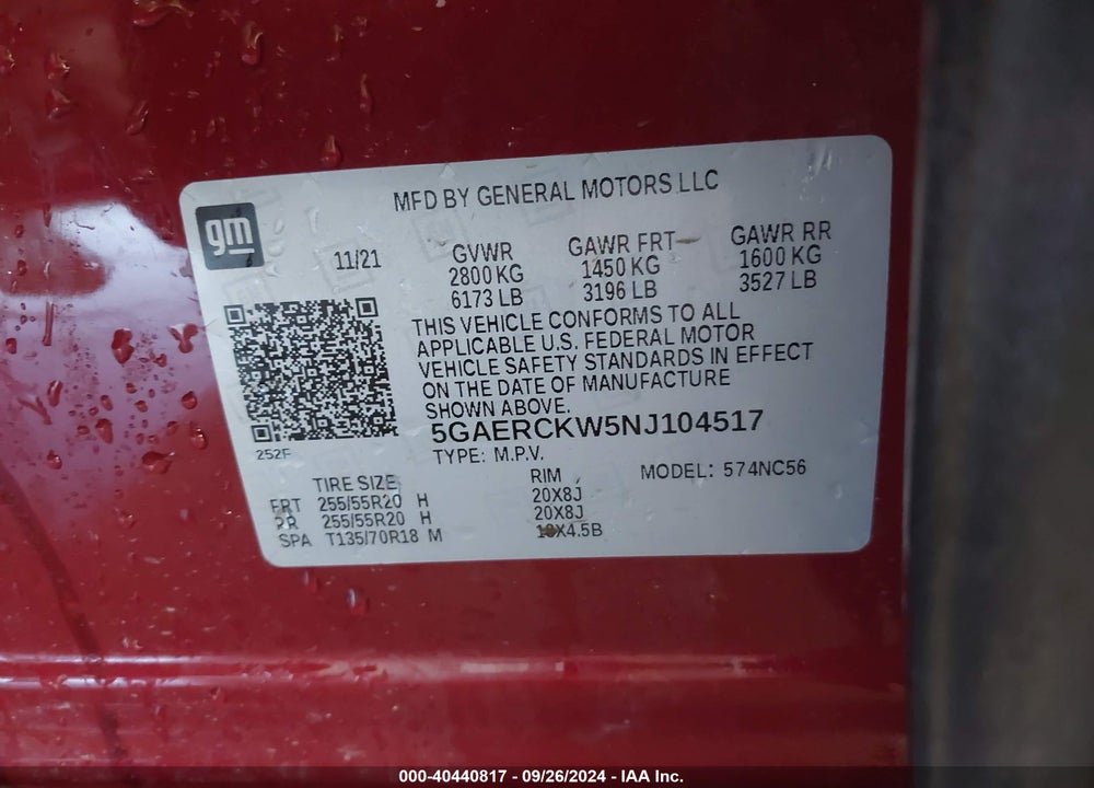 2022 BUICK ENCLAVE FWD PREMIUM VIN: 5GAERCKW5NJ104517