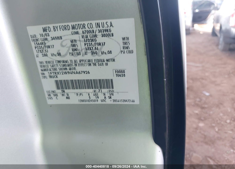 2004 FORD F-150 STX/XL/XLT VIN: 1FTRX12W94NA67926