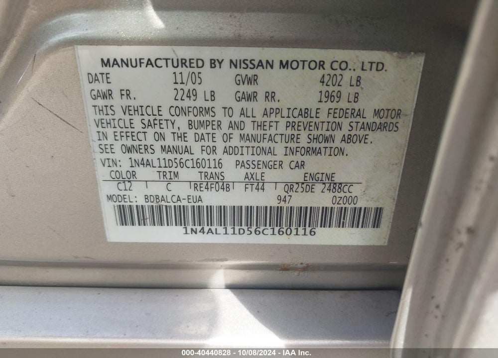2006 NISSAN ALTIMA 2.5 S VIN: 1N4AL11D56C160116
