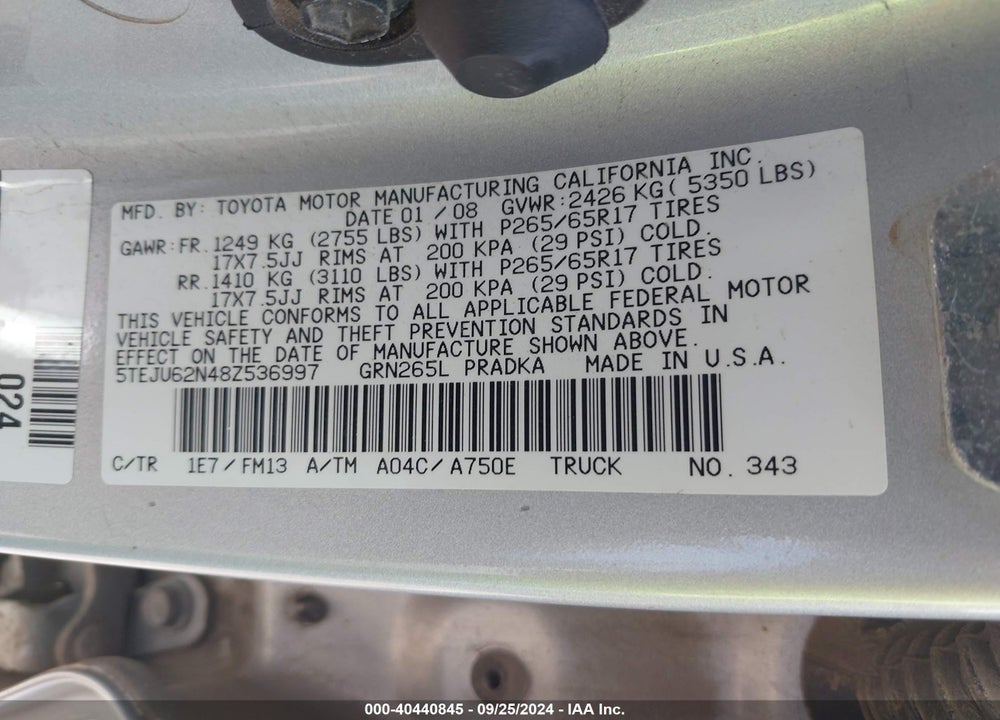 2008 TOYOTA TACOMA PRERUNNER V6 VIN: 5TEJU62N48Z536997