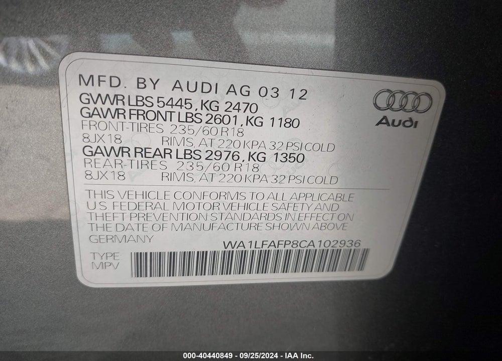 2012 AUDI Q5 2.0T PREMIUM VIN: WA1LFAFP8CA102936