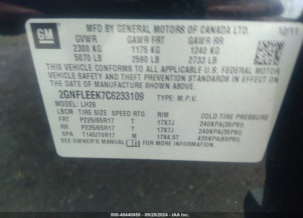2012 CHEVROLET EQUINOX 1LT VIN: 2GNFLEEK7C6233109