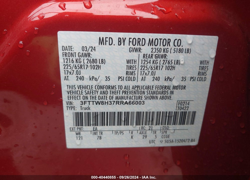 2024 FORD MAVERICK XLT VIN: 3FTTW8H37RRA66003