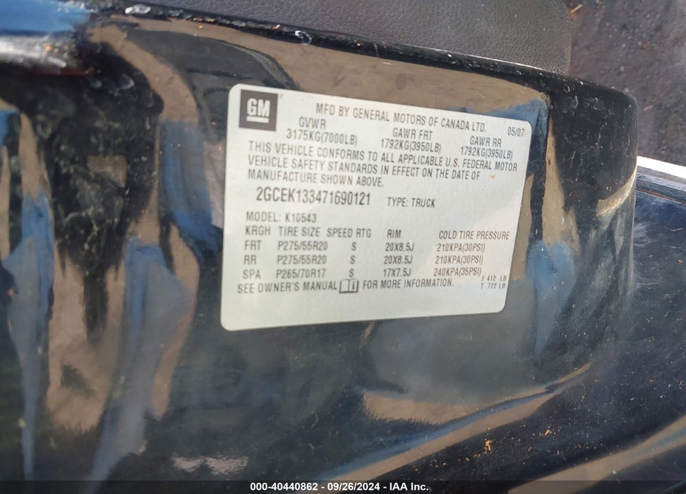 2007 CHEVROLET SILVERADO 1500 LTZ VIN: 2GCEK133471690121