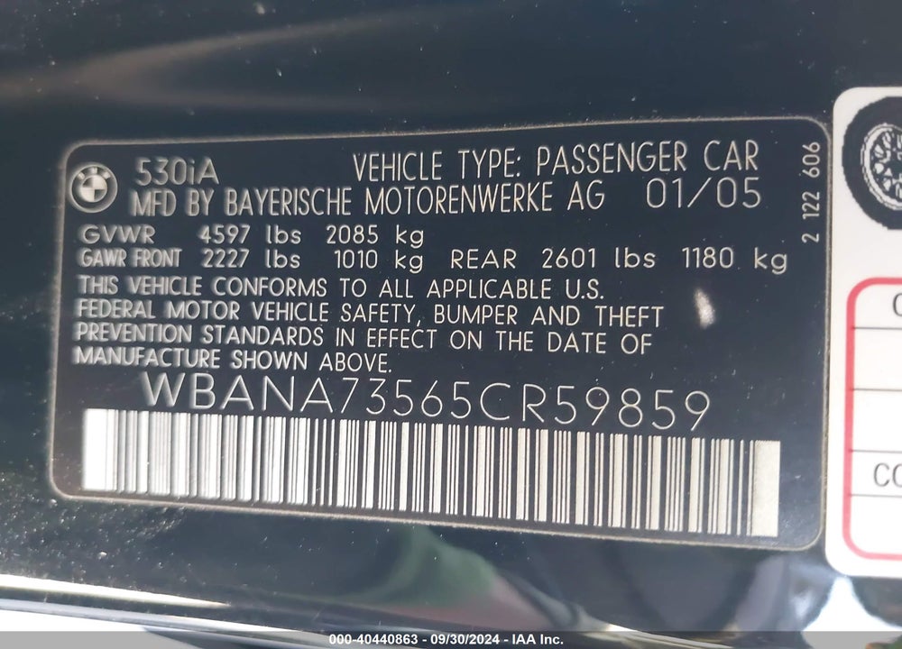 2005 BMW 530I VIN: WBANA73565CR59859